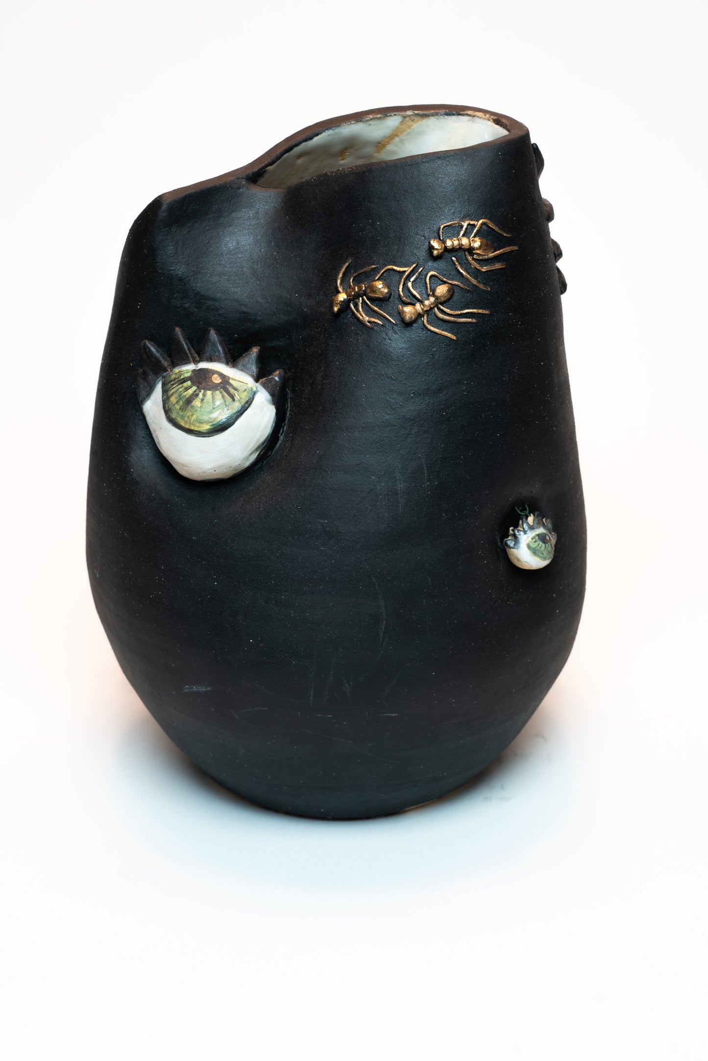 Signed Surrealist Studio Pottery Vase – Sculptural Lips, Insects & Mixed Media