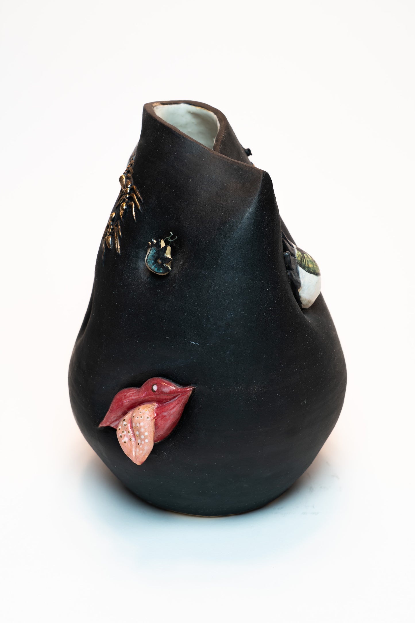 Signed Surrealist Studio Pottery Vase – Sculptural Lips, Insects &amp; Mixed Media