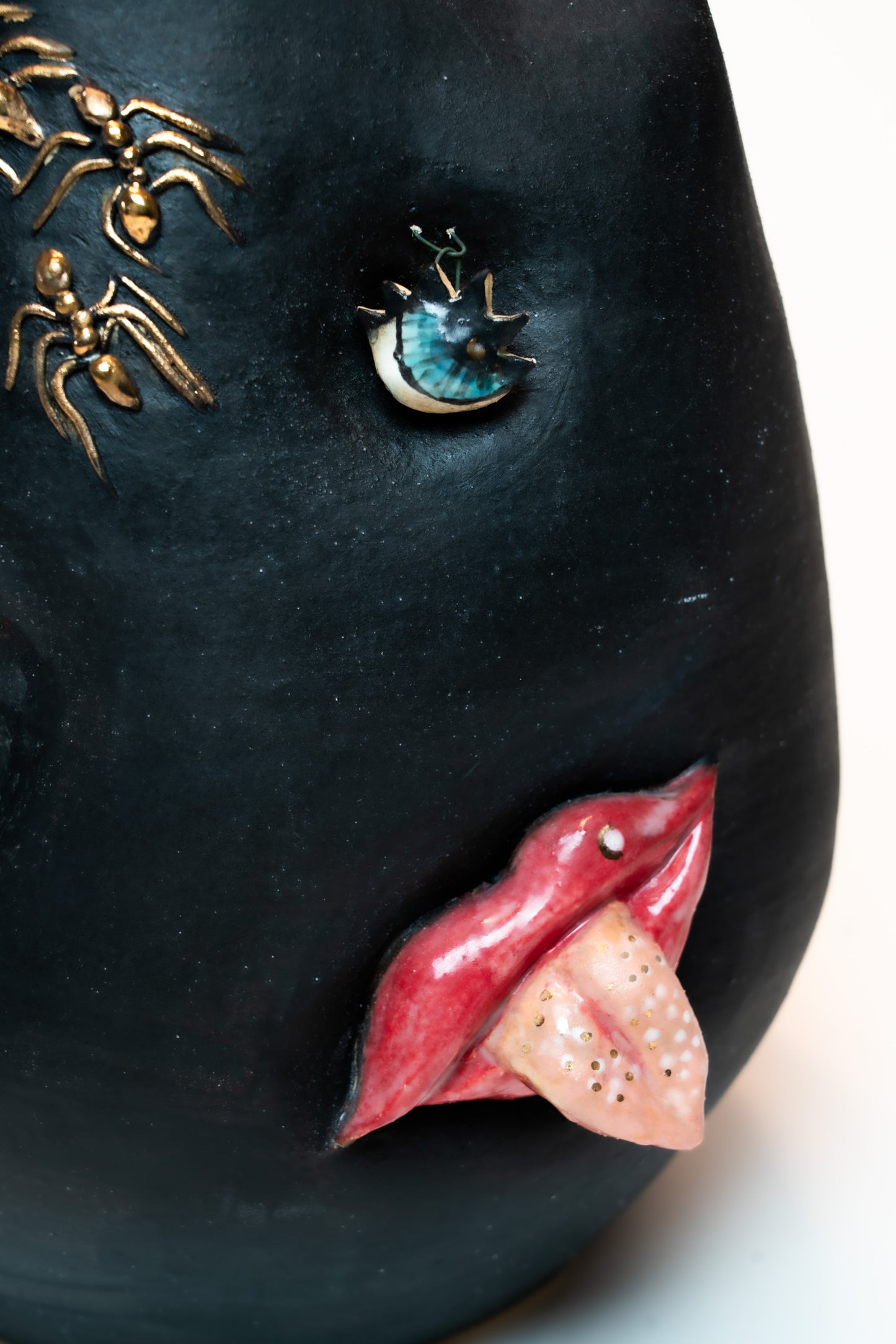 Signed Surrealist Studio Pottery Vase – Sculptural Lips, Insects &amp; Mixed Media